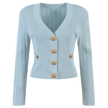 Vida V-neck Knit Cardigan with Gold Buttons - SunsetFashionLA